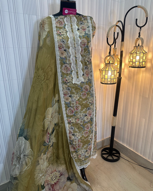 Floral affair muslin cotton patterned suit with pure crepe digital highlighted dupatta