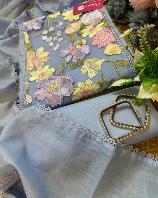 Coloured 3D floral patch linen cotton suits