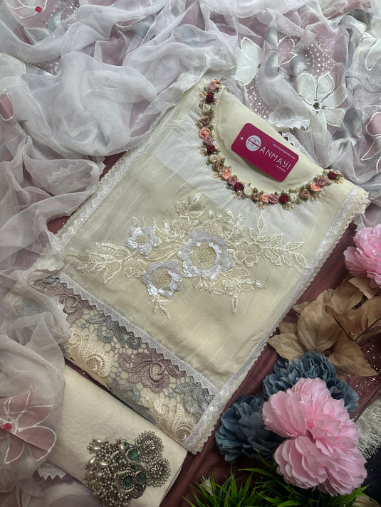 Ivory hand embroidered neck with crochet details organza suit
