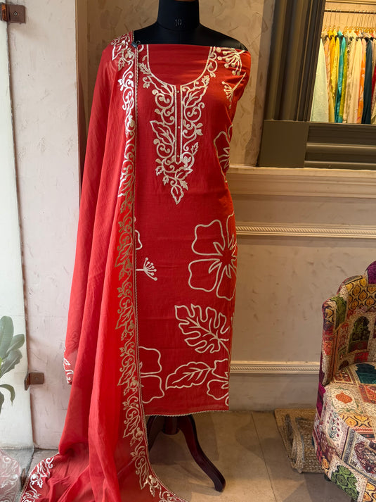 Leather work festive Mul Chanderi suit set