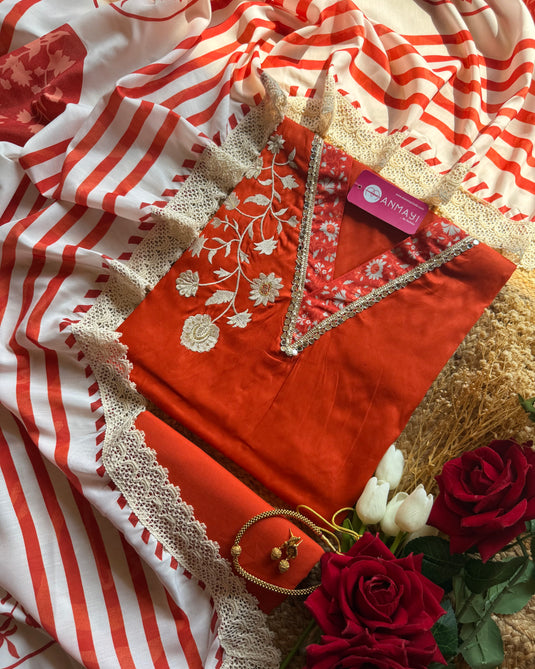 Mirror V neck Cambric cotton embroidered suit set with muslin printed dupatta