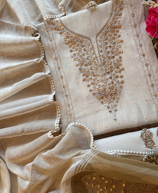 Paper mirror gold border ivory Jamdani suit set