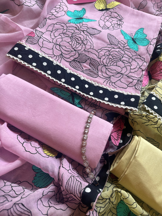 Mul cotton butterfly embroidered suit set