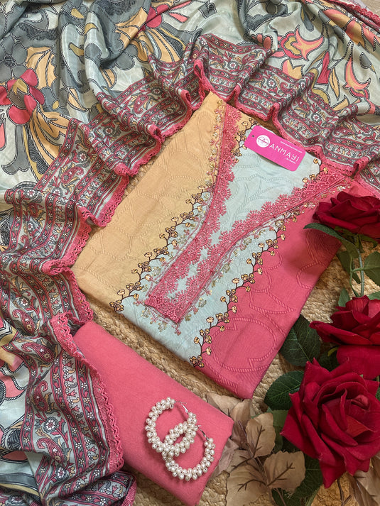 Coloured muslin coral peach Pakistani layers suit set with digital Kantha dupatta
