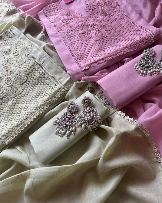 Pakistani cotton linen crochet work suit sets