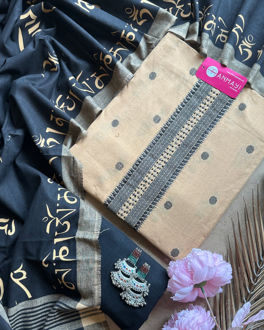 Soft handloom cotton beige black suit with Tibet print dupatta