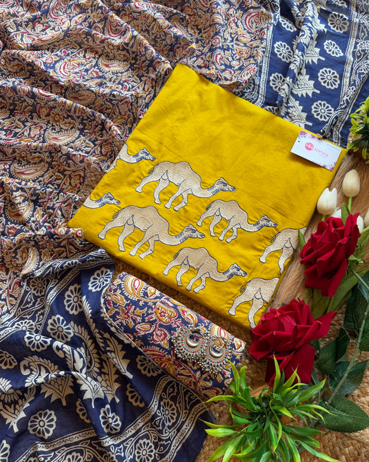 Cotton camel motif suit set with Ajrakh cotton dupatta and bottom
