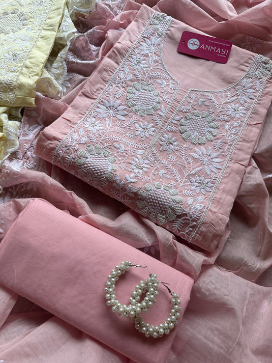 Cotton pastel Chikankari pearl neck suit set