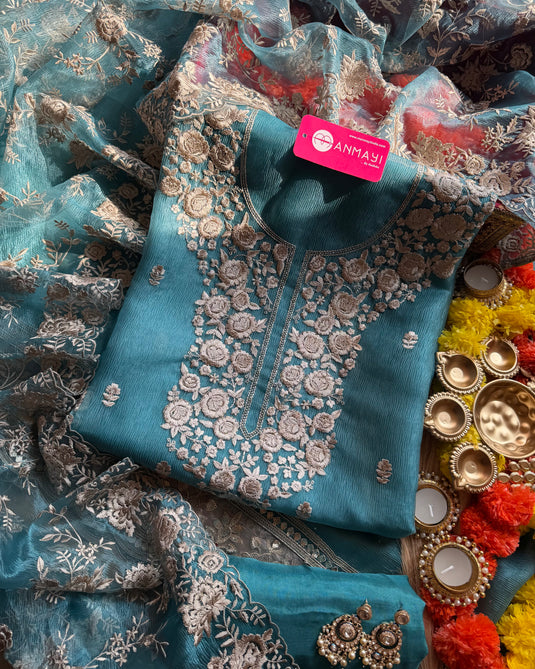 Parsi embroidered crushed silk suit set