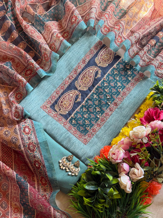 Kairi print Chanderi suit set with Kantha work dupatta
