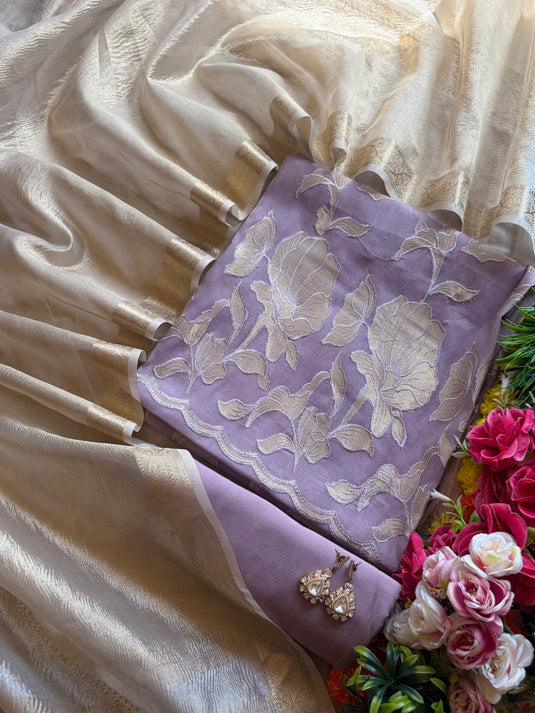 Patched gold Mul Chanderi suit set with tissue dupatta