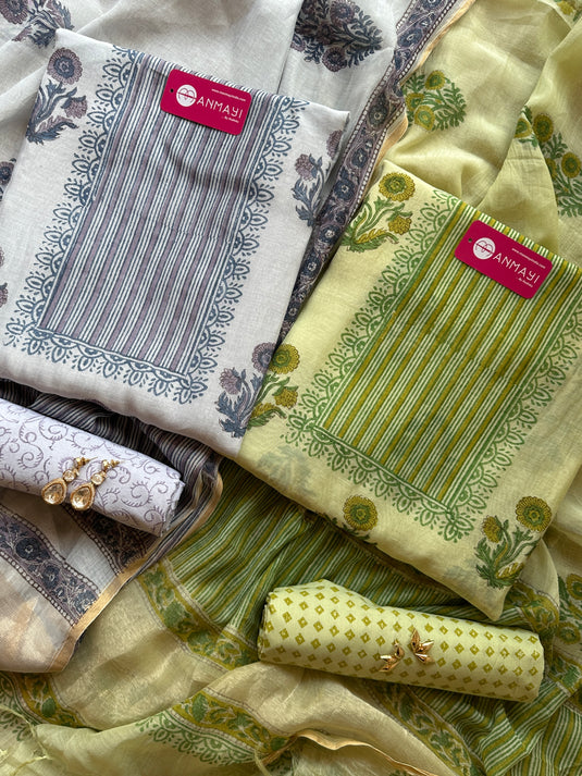 Pure Mul Chanderi block print suit set