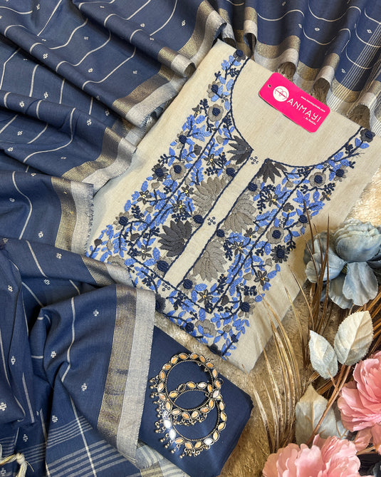 Pure and soft handloom french knot work suit set