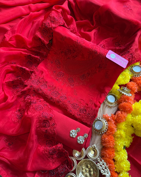 Organza Parsi work semi stitch suit set