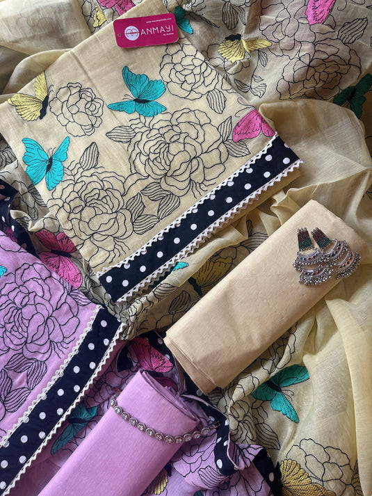 Mul cotton butterfly embroidered suit set