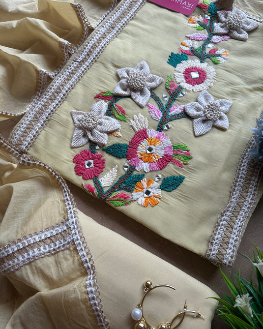 Pastel lace and wool mirror work Mul Chanderi suit set