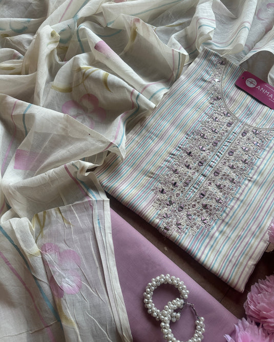 Rainbow stripes cambric cotton suit set with dori mirror neck and handprint dupatta