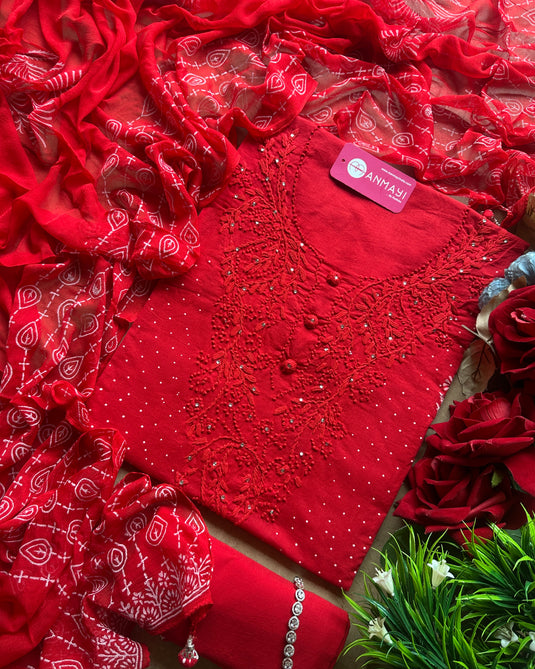 Pure cotton lucknawi neck suit set with pure chiffon dupatta