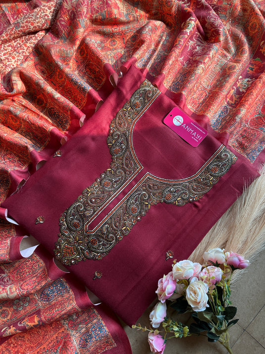 Aari work woollen suit set with highlighted