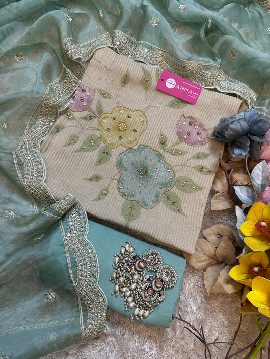 Appliqué work shimmer lines organza suit with embroidered dupatta