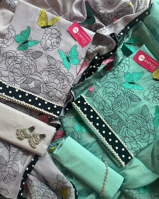 Mul cotton butterfly embroidered suit set