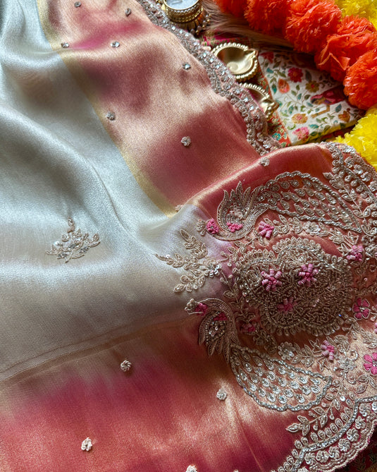 Shimmer silk double shade hand embroidered saree