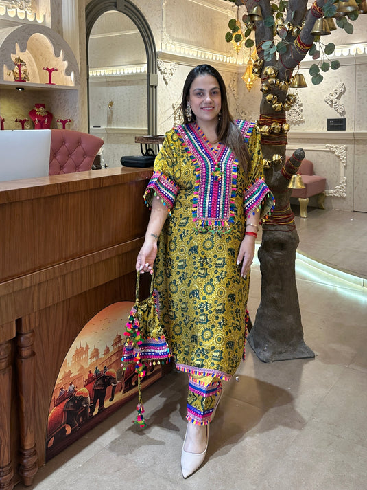 Farshi Salwar pure crepe ajrakh print stitched choga style set with potli