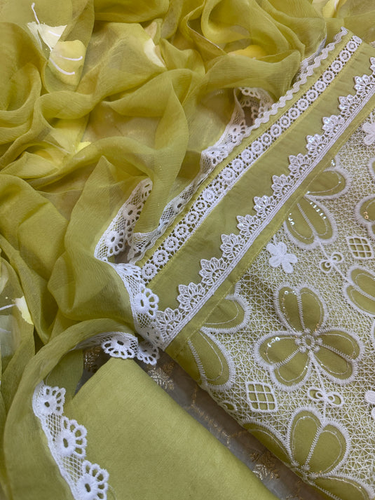 Pastel organza crochet detail suit set with handpaint dupatta