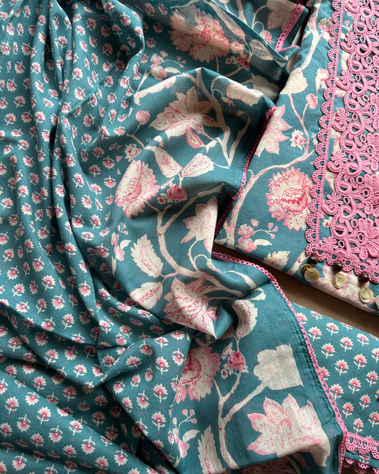 Floral cottons crochet v neck pure cotton suit set