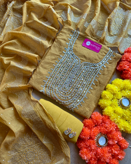 Mirror work mul chanderi suit set with mukaish dupatta