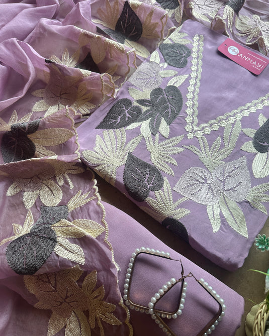 Mul Chanderi leafy embroidered suit set