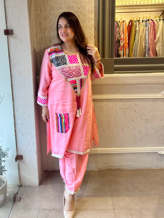 Muslin linen boho tassel neck coord set with farshi salwar