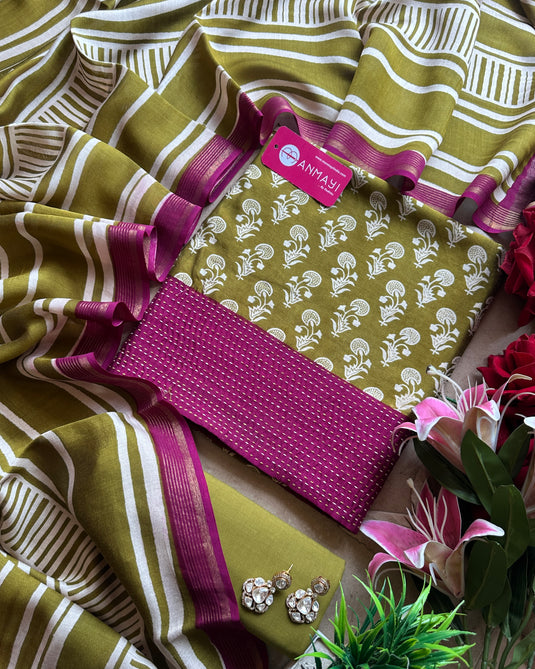 Pure Modals block print suit set with stripes dupatta and cotton bottom