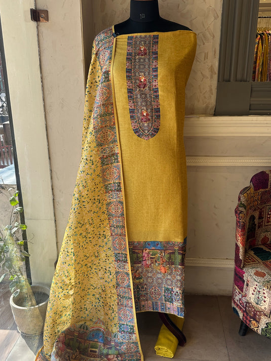 Mehfill Tussar silk suit set with highlighted embroidery