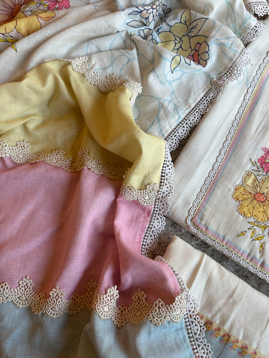 Ivory pure linen suit set with candy shades crochet dupatta