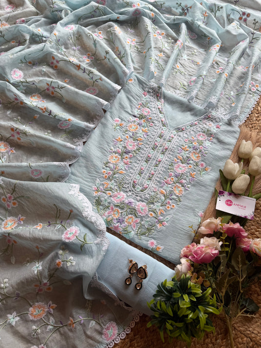French coloured garden soft mul chanderi suit set