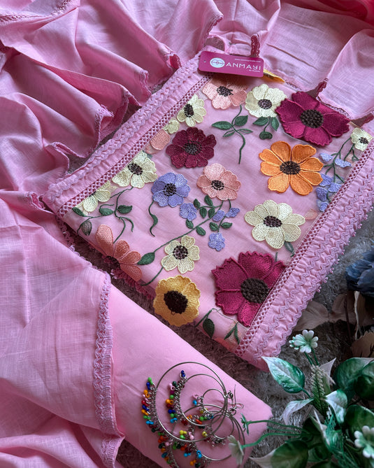 3D floral panel cotton crochet suit set