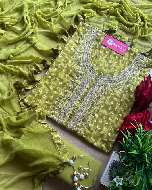 Bandhani cambric cotton suit set with chiffon dupatta