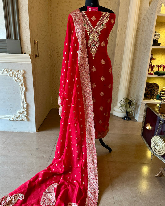 Pita work neck Banarasi dolla silk suit set