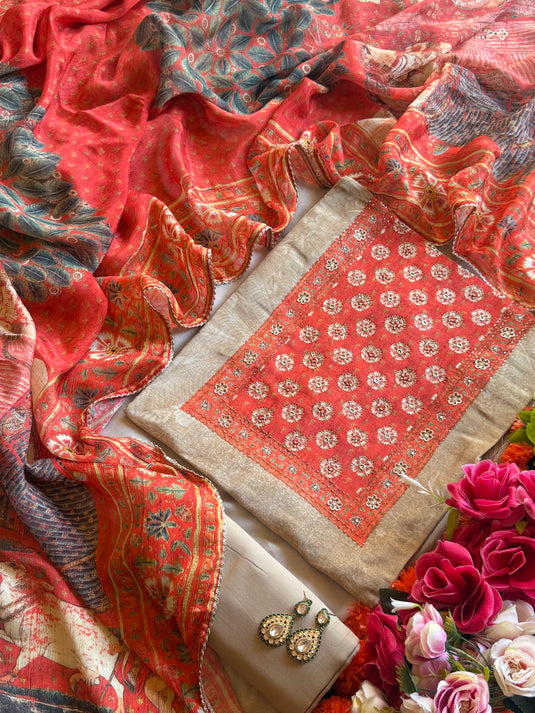 Fawn Orange pure Maheshwari suit set with chinnon dupatta