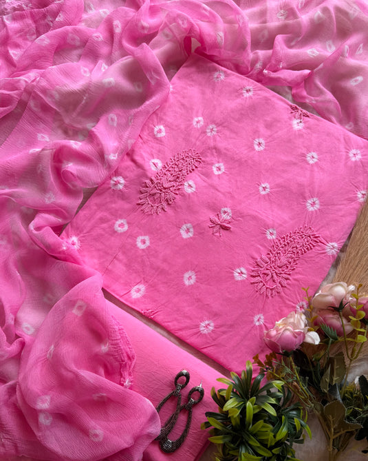 Handcrafted Bandhani soft cottons Karachi work suit set with chiffon dupatta