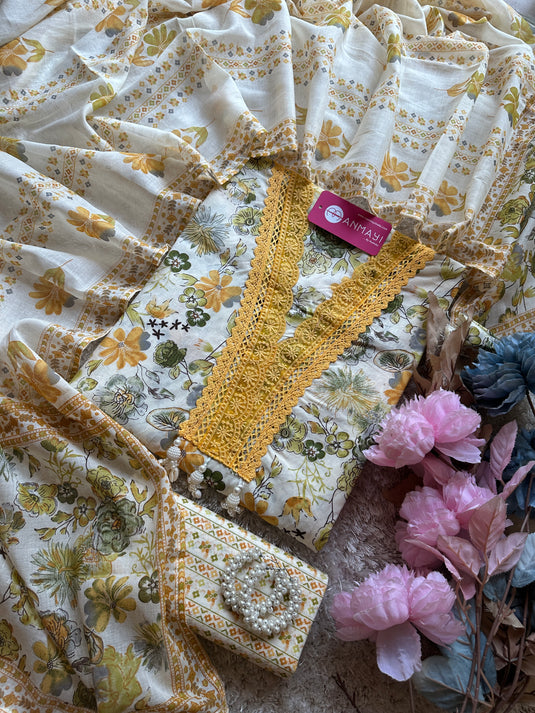 Crochet lace pure cotton cream base floral suit set with tassels