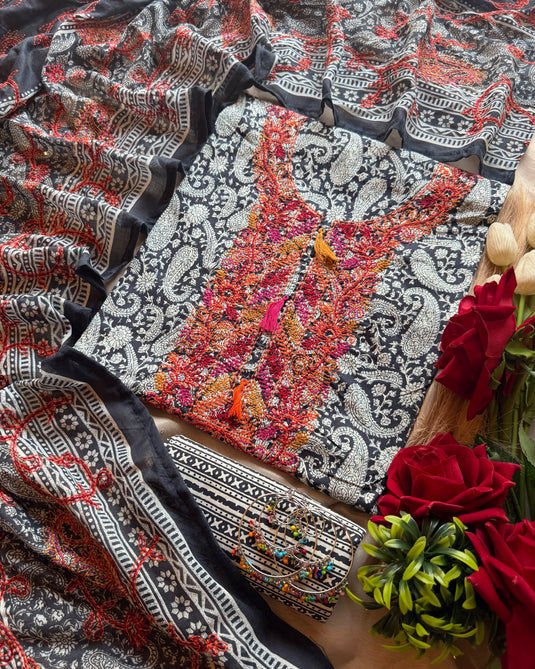 Coloured Kantha neck and dupatta on printed cotton suit