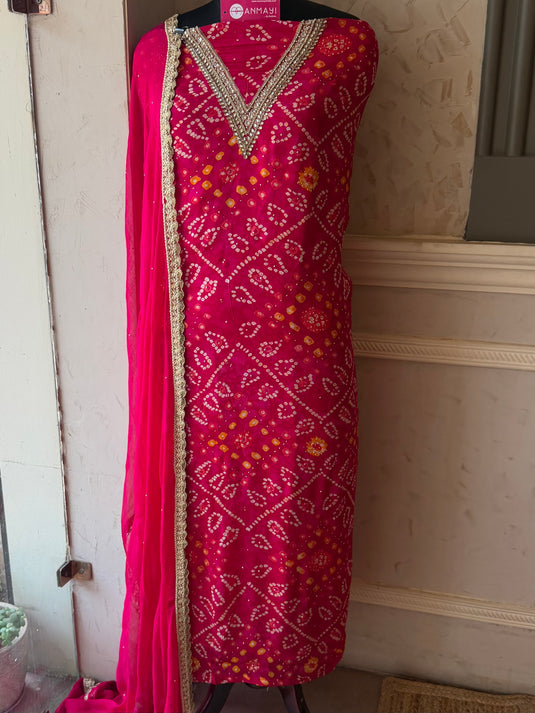Bandhani print pure chinnon mukaish work suit set