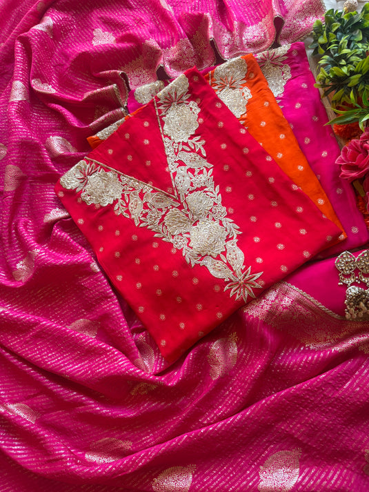 Sparrow neck Dolla silk suit set with Banarasi jacquard dupatta