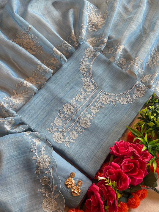 Straw work linen shimmer flower suit set
