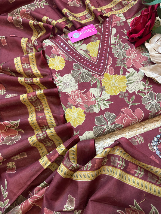 Fine cambric cotton printed floral mirror v neck suit