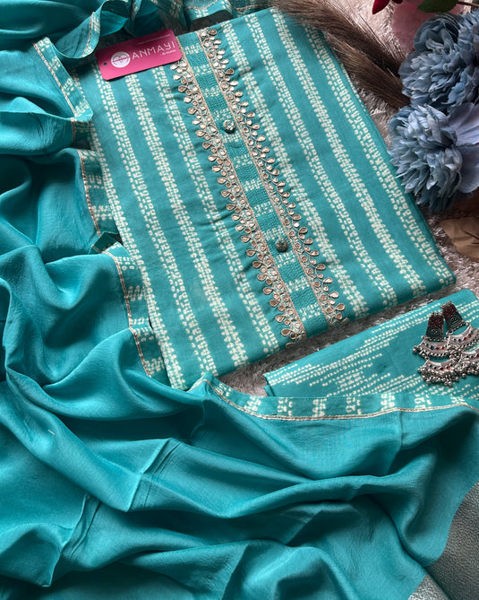 Printed pure cotton suit set with muslin dupatta