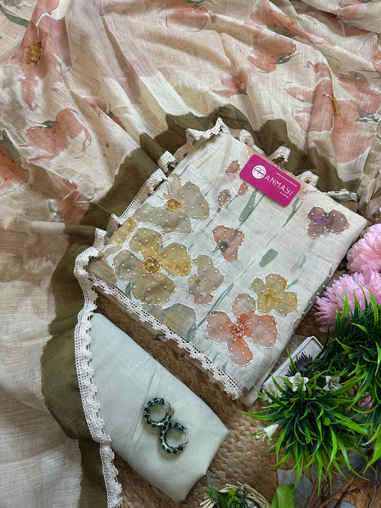 Linen cotton flow paint pearl work suit set