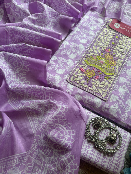 Cambric cotton bright embroidered neck suit set